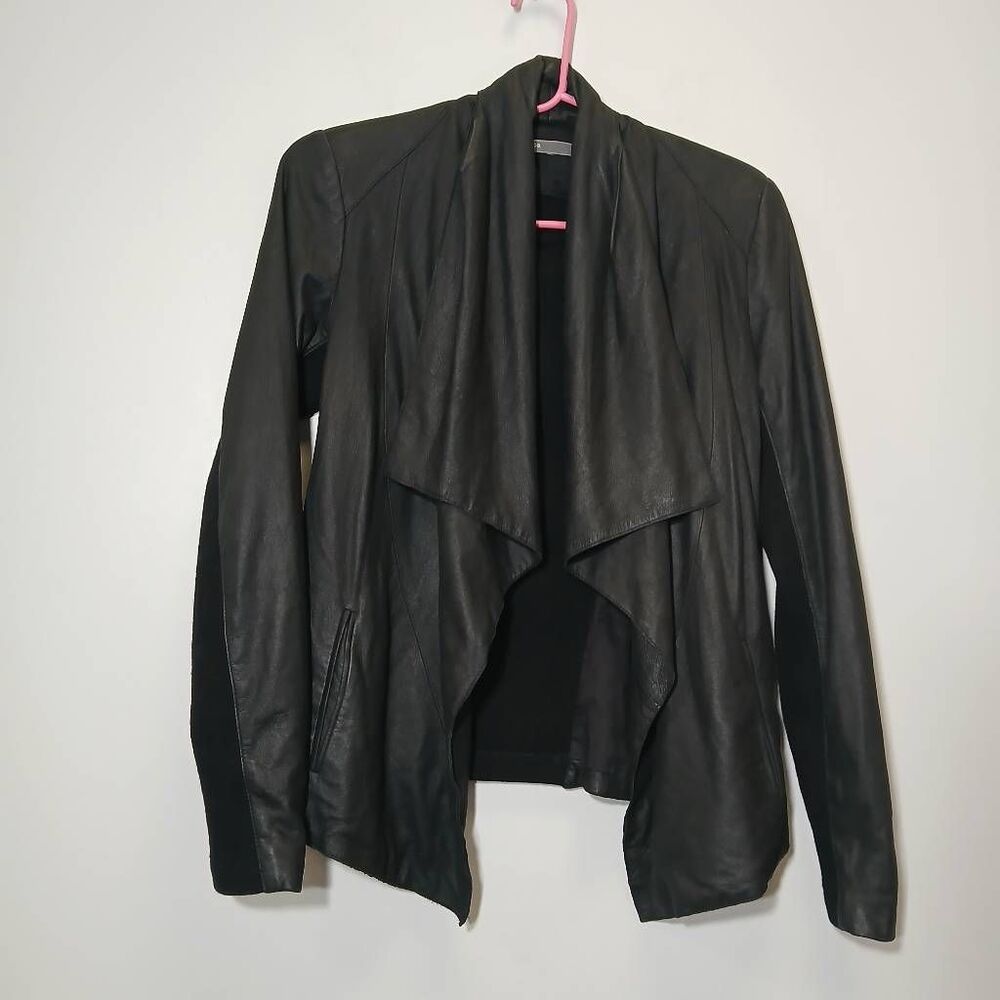 Vince womens small lambs leather jacket black mix media chic waterfall stretch
